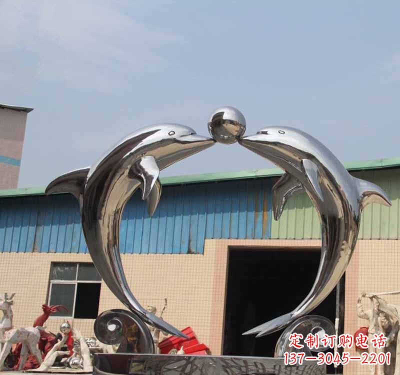 盐城海豚之恋——不锈钢公园镜面海豚顶球雕塑