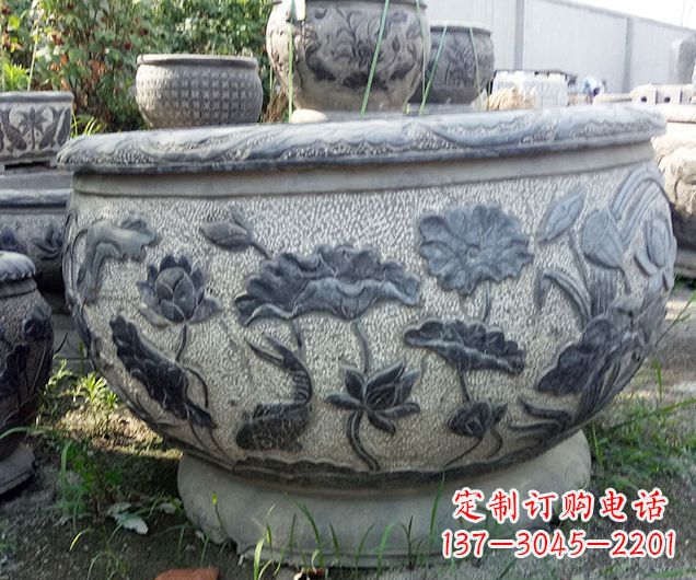 盐城中领雕塑仿古荷花石浮雕水缸