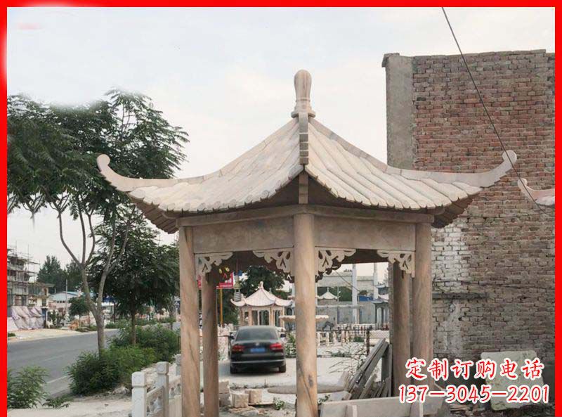 盐城公园晚霞红六角石凉亭雕塑