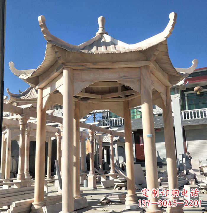 盐城公园晚霞红六角石雕凉亭 (7)