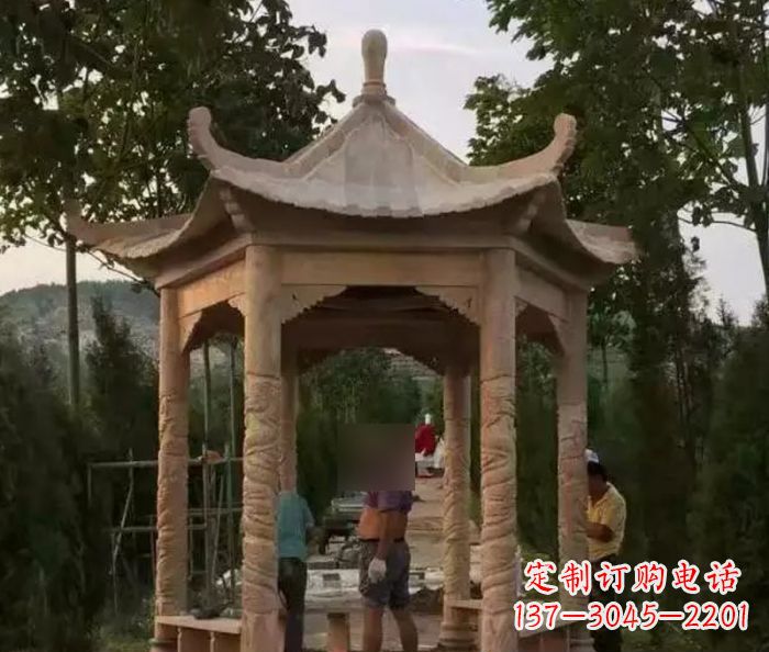 盐城公园晚霞红六角石雕凉亭 (9)