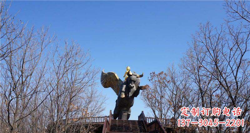 盐城精美铜雕雕塑——可爱小男孩站在飞牛上