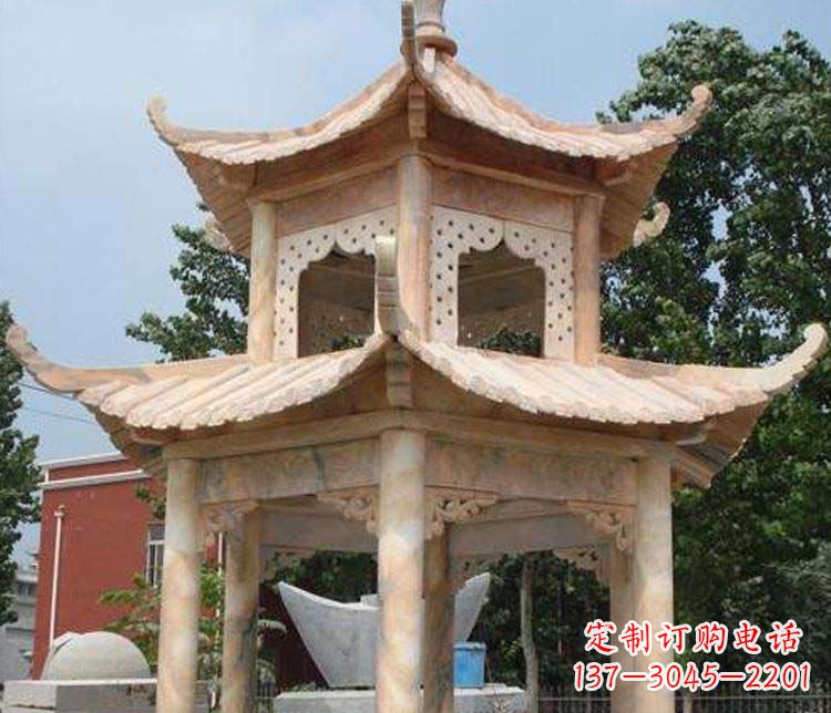 盐城双层晚霞红凉亭石雕