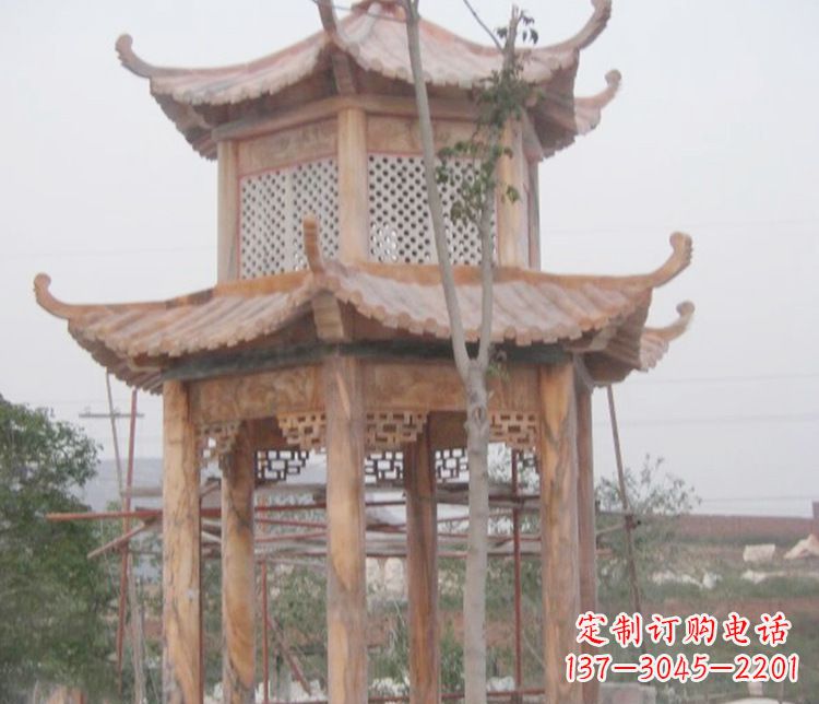 盐城双层晚霞红石凉亭石雕 (2)