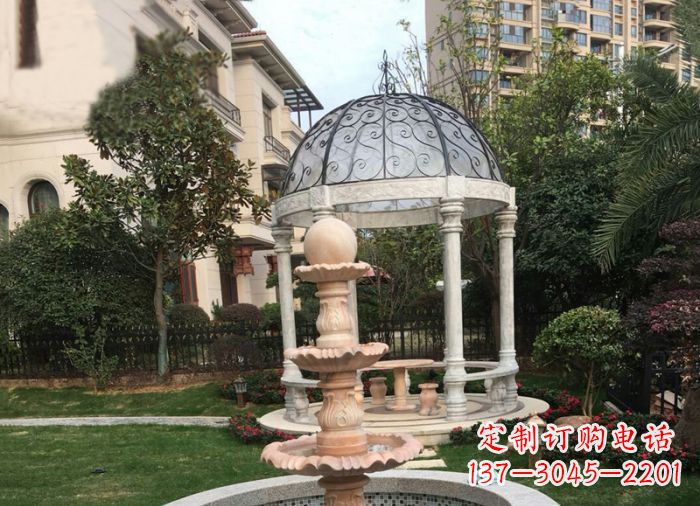 盐城晚霞红三层风水球喷泉小区石雕