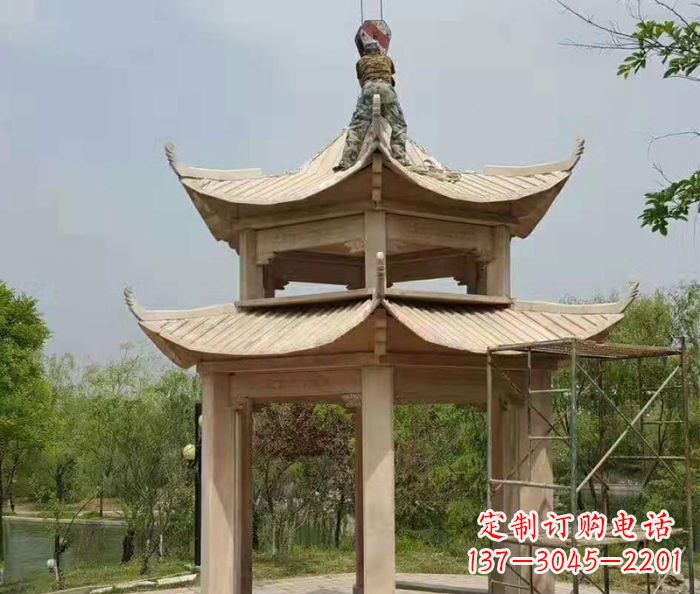 盐城晚霞红双层凉亭石雕 (2)