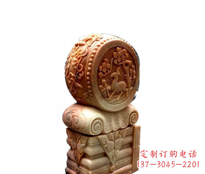 盐城招财石门墩晚霞红抱鼓石
